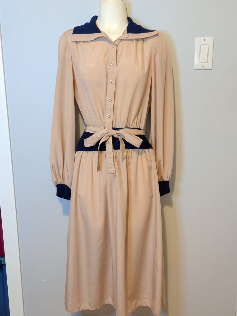 Kay Unger Beige Dress with Navy Collar, Cuffs & Waist Tie